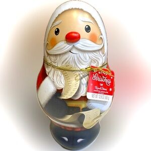 SANTA CLAUS CHECKING LIST RED CANDY CAPSULE TIN 9.5” GIFT WRAP BOX DECOR HOLIDAY
